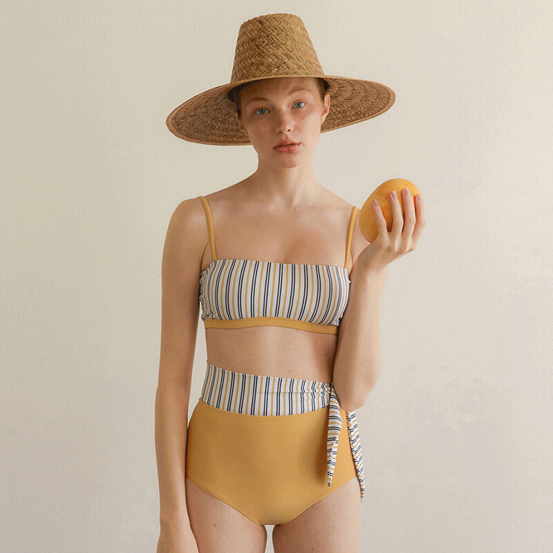 Conjunto de bikini de cintura alta para mujer, traje de baño de tres piezas a rayas, acolchado, Bandeau, ropa de playa