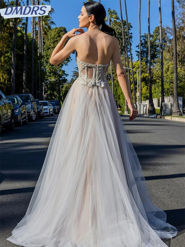 Urocze sukienka bez ramiączek 2024 eleganckie tiulowe suknie wieczorowe w kształcie linii Sexy aplikacje do podłogi suknie Vestidos De Novia