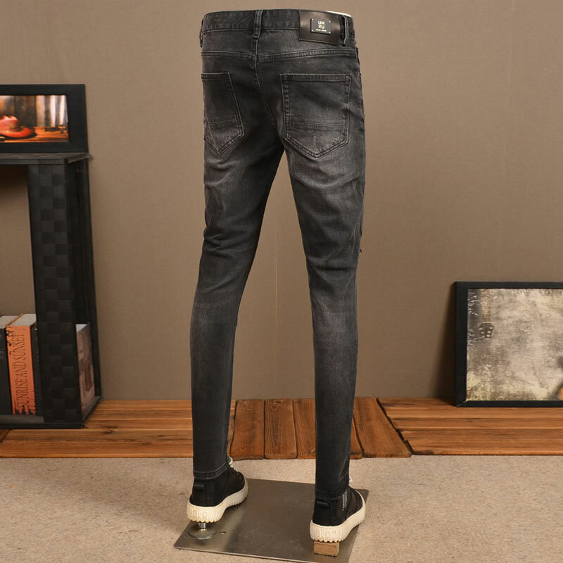 Pantalones vaqueros rasgados elásticos para Hombre, Jeans Retro de moda, Hip Hop, de diseñador, color negro y gris