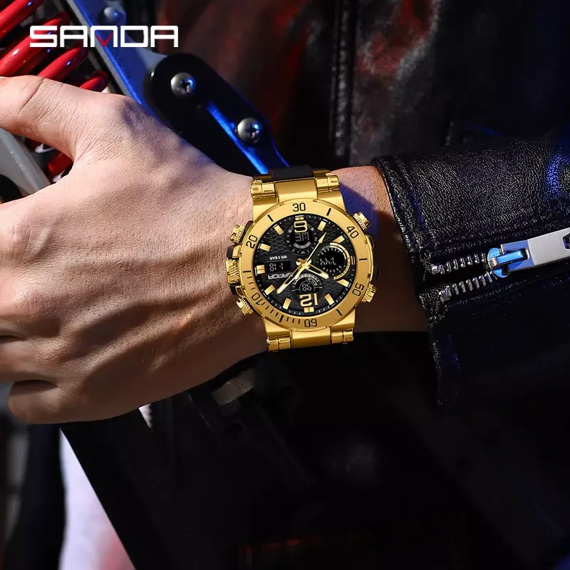 Sanda 2023ใหม่หน้าจอคู่สำหรับผู้ชายไฟกลางคืน Jam Tangan Digital กันน้ำมัลติฟังก์ชั่ยอดนิยมของผู้ชายนาฬิกาปลุก6167นาฬิกาข้อมือ