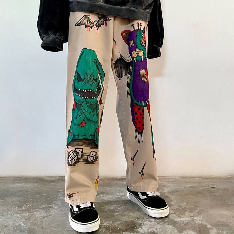 Celana panjang Jeans kaki lebar untuk pria wanita, celana panjang Denim Harajuku motif grafiti Hip Hop, celana jeans kaki lebar pinggang tinggi baru untuk pria dan wanita