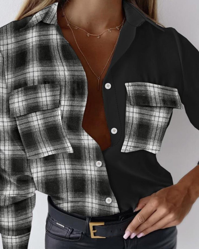 Женская рубашка с длинным рукавом, V-образным вырезом и пуговицами
