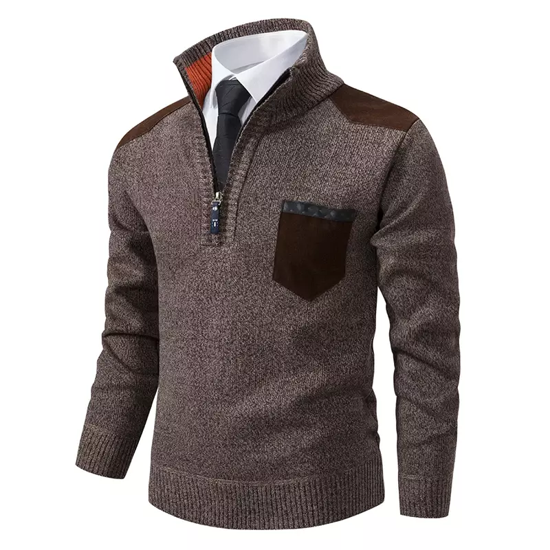 Suéter de gola alta grossa com meio zíper masculino, pulôver quente, suéteres de malha monocromático, qualidade masculina, outono e inverno, 2023