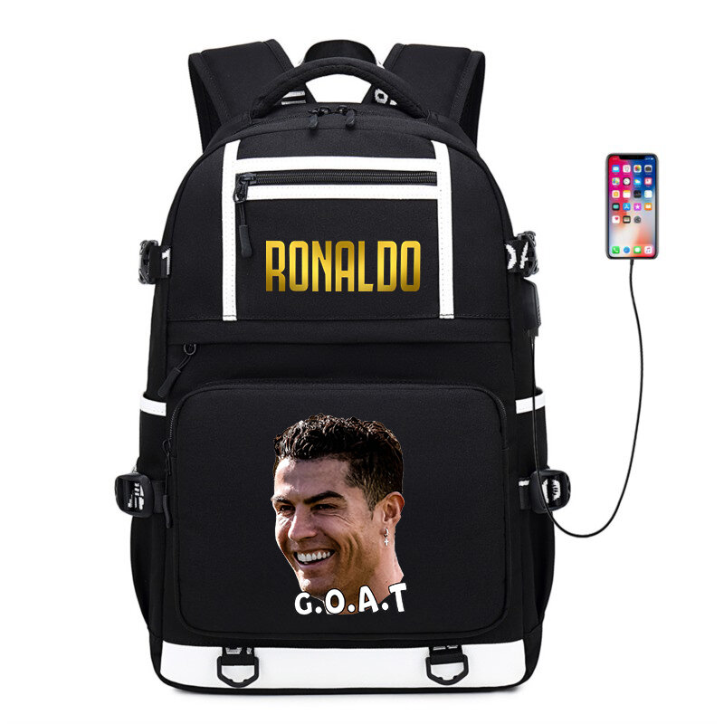 Ronaldo tas sekolah motif kampus anak-anak, tas ransel bepergian luar ruangan remaja, tas kasual hitam