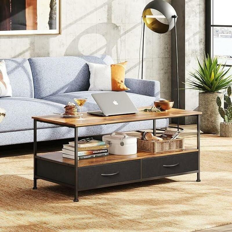 A! Coffee Table with Storage Drawers and Open Shelf, Mid-Century Modern Wood and Metal Cocktail Table for Living Room