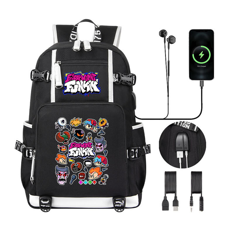 Crianças Mochila Sexta-feira Noite Funkin Cartoon Boy Girl School Bag Book Bag Grande Capacidade USB Mulher Homens Laptop Shoulder Bag