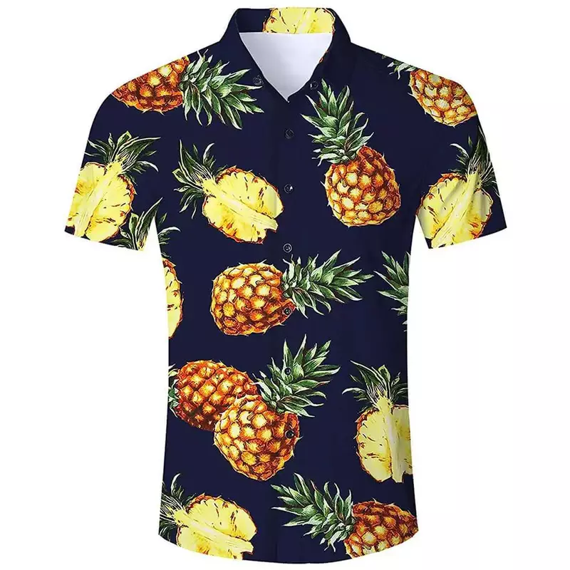 Camisas engraçadas masculinas de abacaxi, 3D Print, Blusa de praia, Camisas Masculinas de Lapela Vocacional, Roupas de Botão Havaiano