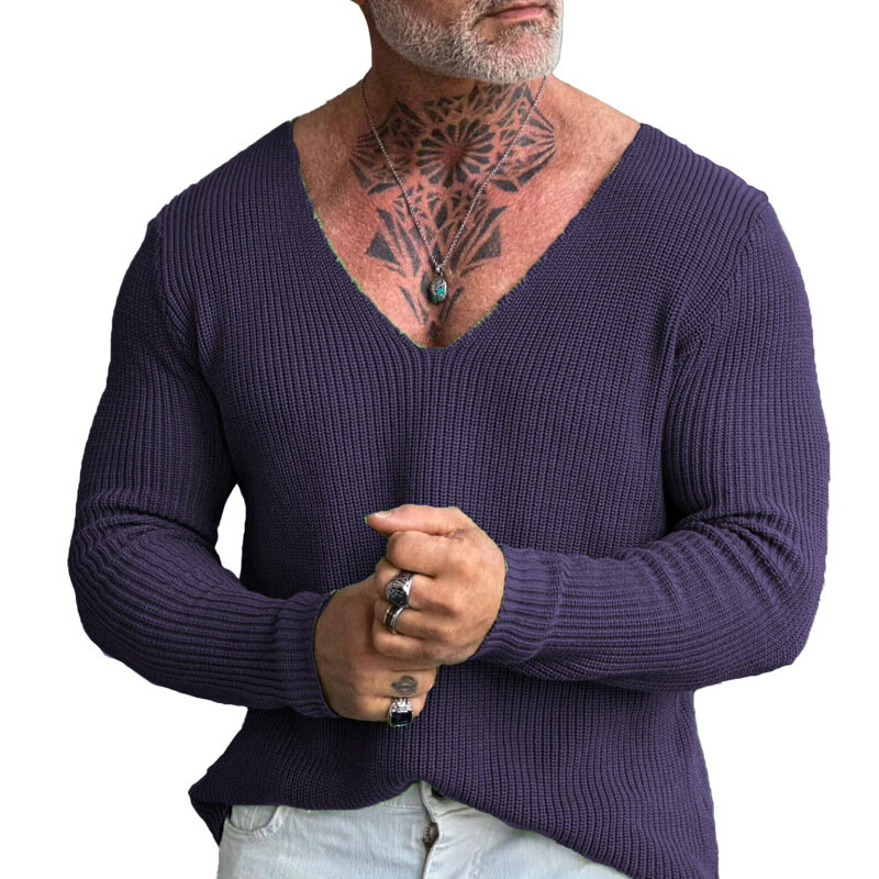 Pull en tricot vintage à manches longues et col en V pour hommes, pull monochrome, haut tendance, document, automne, hiver