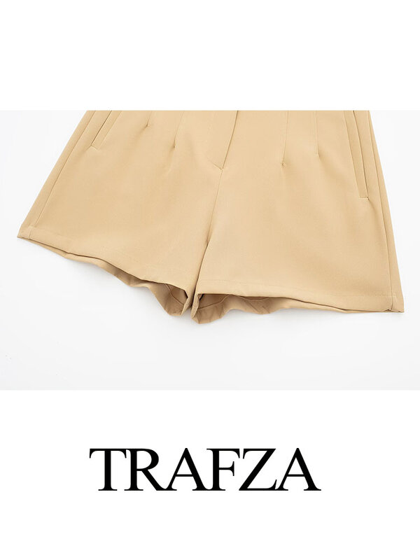 TRAFZA-Mini shorts magros para bolsos laterais femininos, shorts de cintura alta, monocromáticos, com zíper, casual, chique, feminino, nova moda, 2022