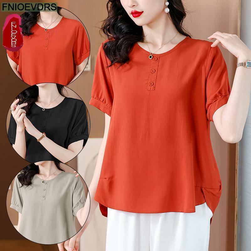 M-4XL Loose Clothes 2024 Summer Cotton Tops Short Sleeve Women Basic Wear Casual Black Orange Retro Vintage Shirts Blouses