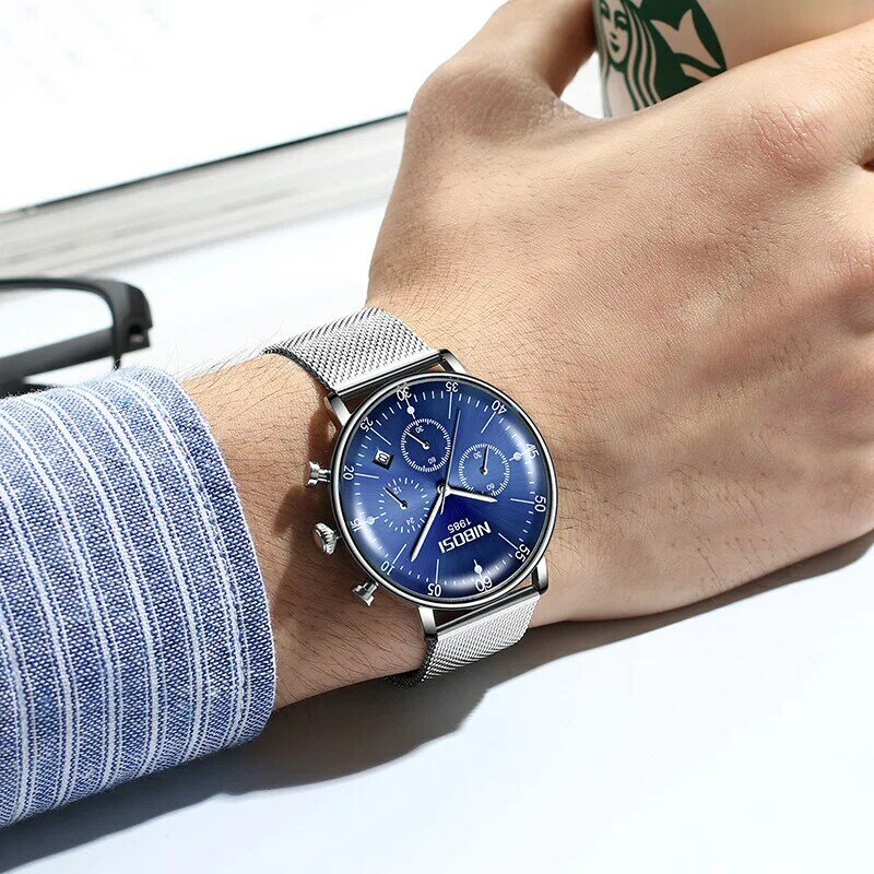 NIBOSI-Relógio de quartzo azul curvo masculino de vidro, aço inoxidável, alça de malha, relógios cronógrafos, moda