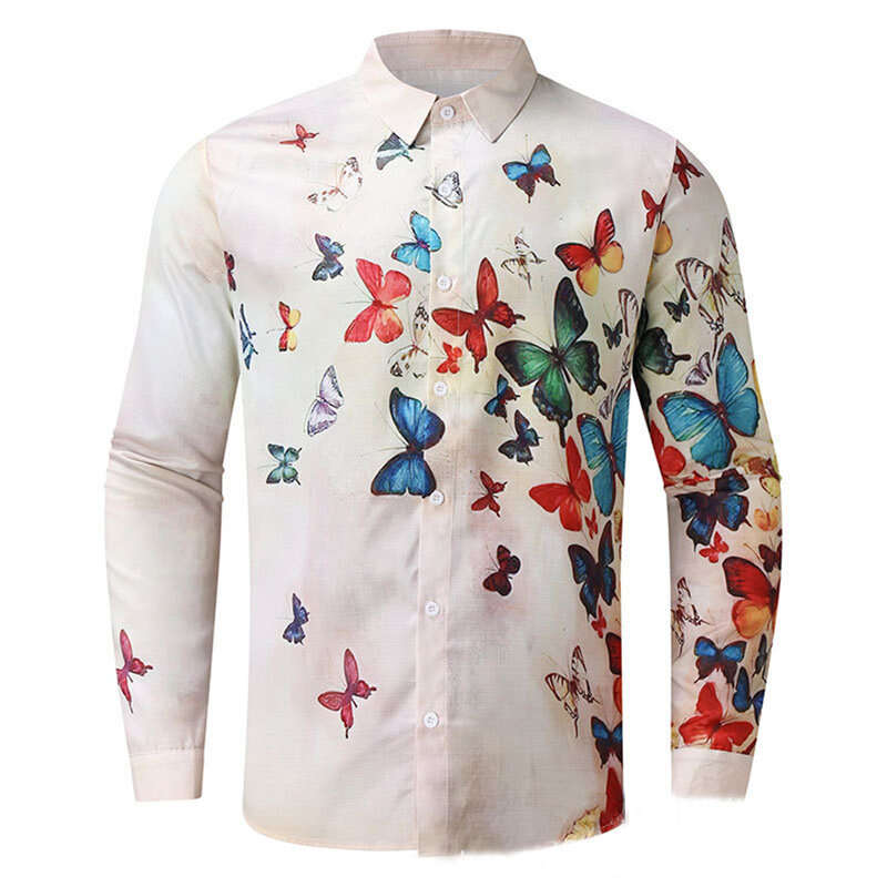 Camisa havaiana estampada com borboleta masculina, blusa de manga comprida, camisas de botão, tops de streetwear, moda 3D