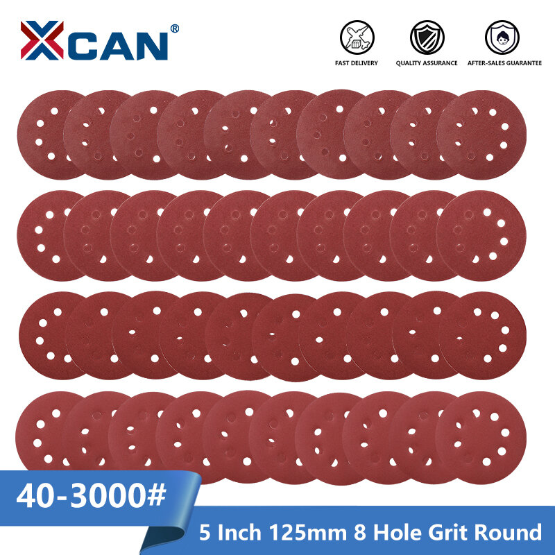 XCAN-Discos de lijado de forma redonda, almohadilla de pulido para lijadora, hoja de lija de 5 pulgadas, 125mm, 8 agujeros, 40-3000 de grano