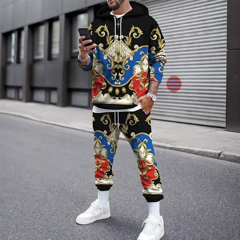 Impressão digital 3d com capuz hoodies calças conjunto de duas peças streetwear masculino