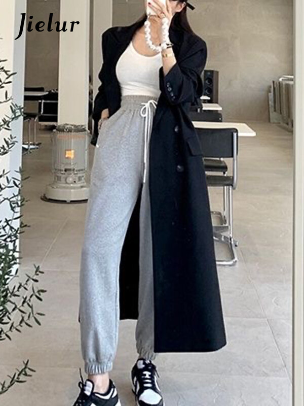 Jielur Korean New Black Loose Slim Female Trench Autumn Basic Simple Casual Office Lady Double Breasted Solid Color Women Trench