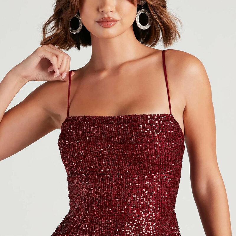 Women's Cocktail Dress Elegant Spaghetti Strap Red Glitter Sparkly Sequin Party Dress Vintage Sexy Prom Evening Dress For Female