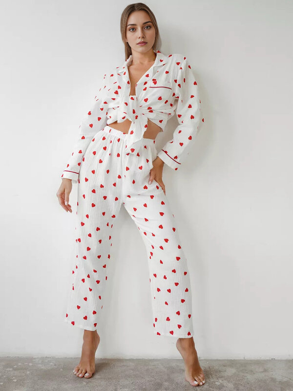 Pyjama Deux Pièces en Coton Pur pour Femme, Vêtements de Nuit Confortables, Doux et Mignons, avec Imprimé de Cœur et Zones