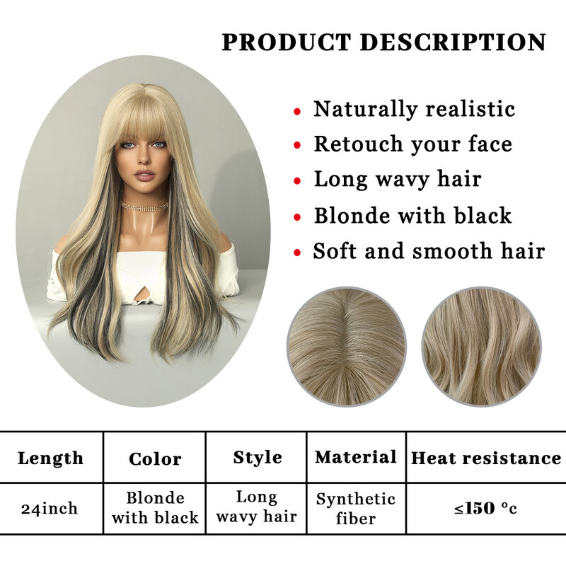 Wig Sintetis Panjang Keriting Pirang dengan Wig Rambut Hitam Alami Bagian Tengah untuk Wanita Digunakan untuk Cosplay Harian Lolita Tahan Panas
