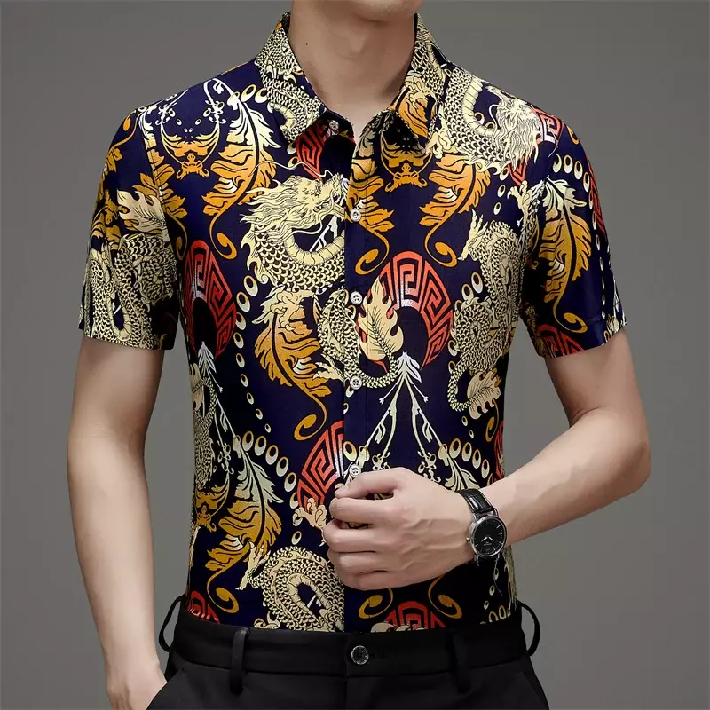 Ice Silk Short Sleeved Printed Shirt, Wrinkle Resistant Casual Printed Men's Shirt, Summer New Style