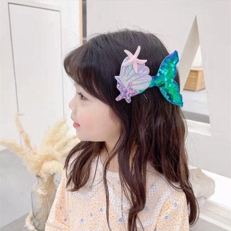 Color Sequin Tail Starfish Shell Mermaid Princess Cute Baby Clips Girls Hairpins Hair Clips Kids Headwear Children Accessories