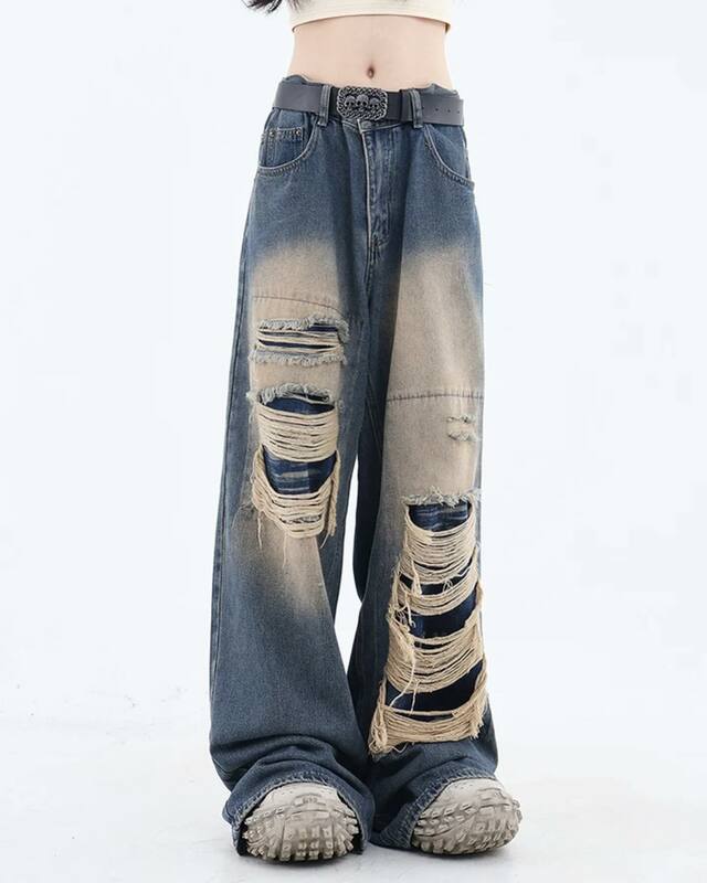 Blue Ripped Jeans for Women Slouchy Harajuku Y2k Pants New Hip Hop Punk Baggy Jeans Women Wide Leg Straight Trousers Streetwear