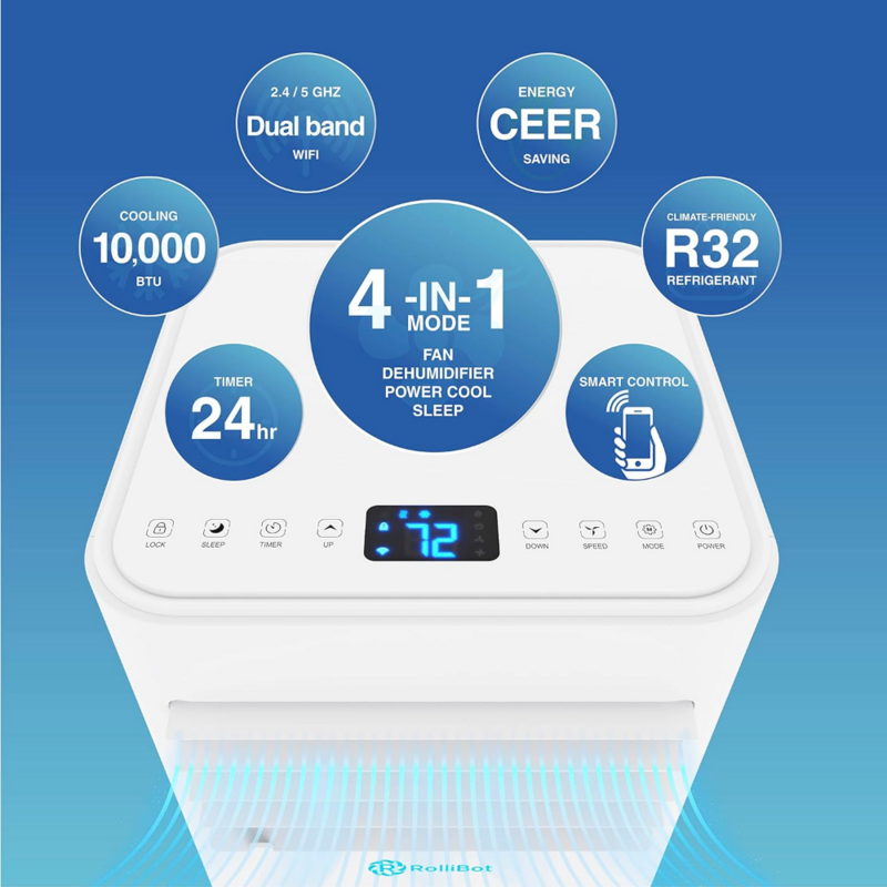 Alexa-Enabled Portable Air Conditioner for Rooms up to 450 sq ft - 10,000 BTU 4-in-1 Smart AC Unit with Dual-Band Wi-Fi and App