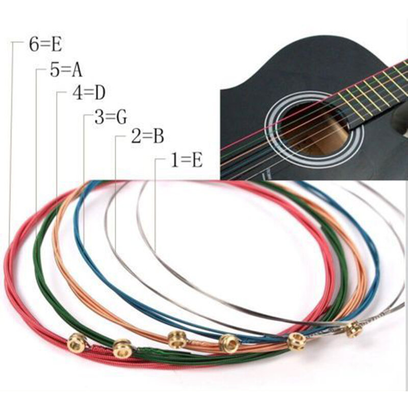 4-6 buah/set senar gitar warna-warni pelangi E-A untuk gitar rakyat akustik perlengkapan gitar klasik