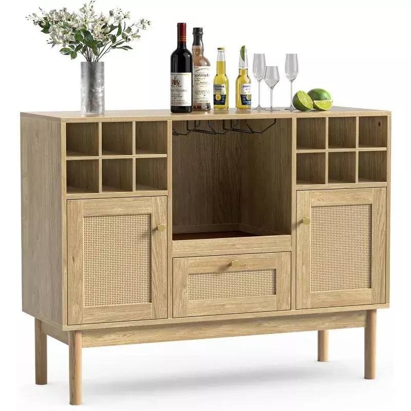 Rattan Wine Bar Cabinet, Wood Liquor Cabinet with Wine Rack, Kitchen Sideboard Buffet Wine Cabinet with Drawer