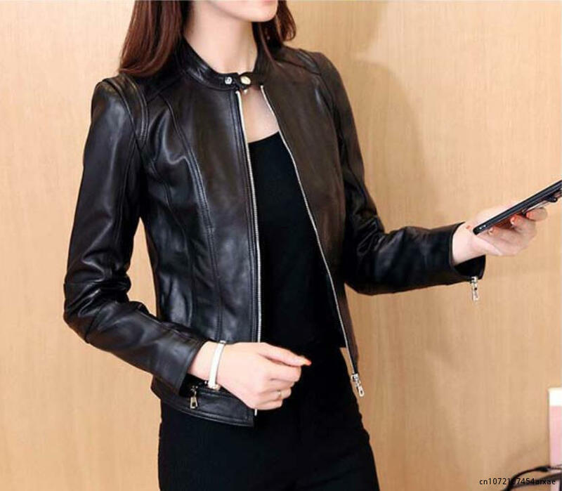 New Ladies Slim Faux Leather Jacket Stand-Up Collar Long Sleeve Overcoat Zipper Cardigan Short Coat abrigos mujer invierno 2023