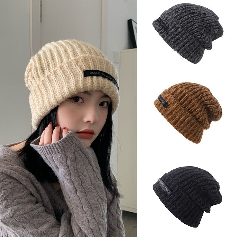 Topi rajut wanita, topi tudung kepala gaya hangat elastis warna polos musim dingin untuk perempuan