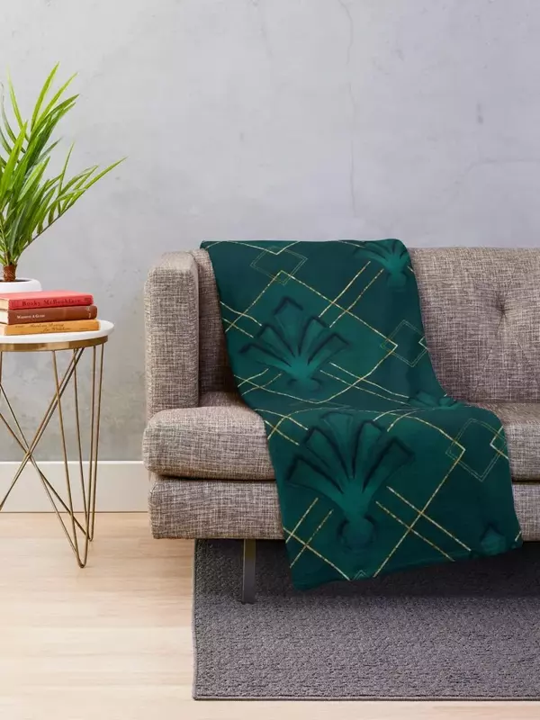Emerald Green And Gold Art Deco Pattern Throw Blanket Beautifuls Decorative Sofas Soft Plush Plaid Personalized Gift Blankets
