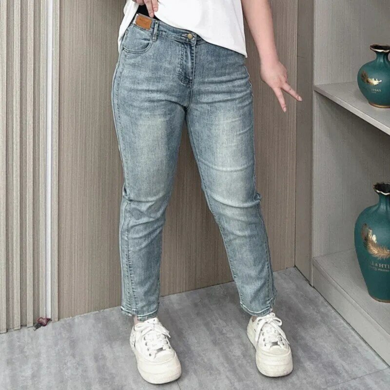 Calça jeans fina de perna reta, cintura alta, feminina, tamanho grande, casual, primavera e verão, nova, 2024