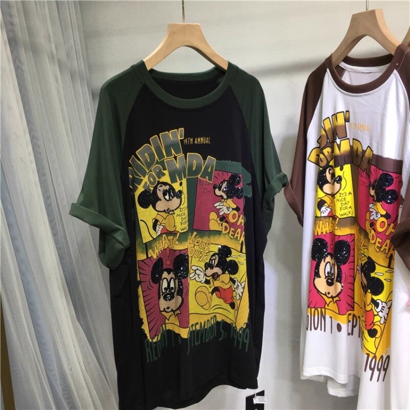 Potdemiel-Camiseta holgada de manga corta para mujer, camiseta de dibujos animados con cuentas de industria pesada, longitud media, adelgazante, Top de gran tamaño, camisetas ligeras de verano
