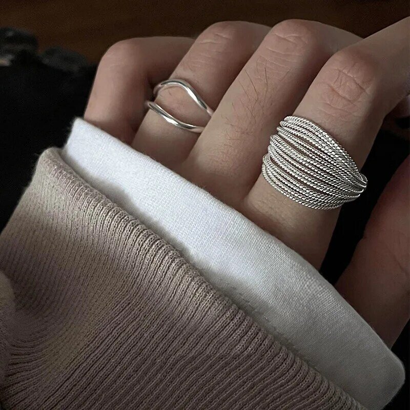 Anillo de Plata de Ley 925 con líneas únicas para mujer, joyería ajustable para dedo, anillo Vintage abierto para fiesta, regalo de cumpleaños