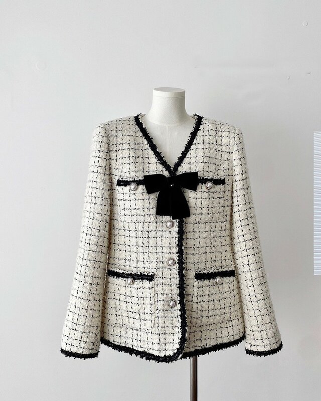 Elegante giacca da donna con scollo a V e fiocco in Tweed Lady autunno inverno manica lunga monopetto allentato Outwear