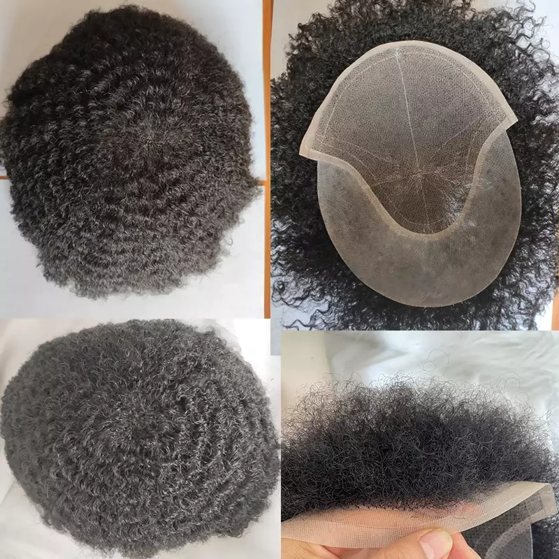 Parrucchino capelli umani per gli uomini ricci crespi pizzo svizzero frontale con PU circa 8*10 1B # sistema di ricambio parrucchino per gli uomini parrucche