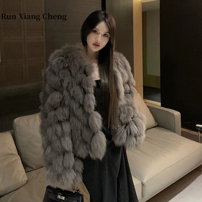 RUN XIANG CHENG 2023 Winter Faux Fox Fur Grass Coat Women's Short Fit Young Mink Fur Raccoon Fur Coat  Free Shipping White Khaki