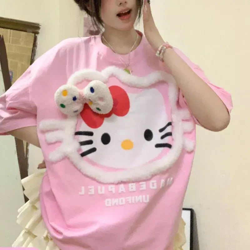 T-shirt Sanrio Hello Kitty feminina, camisa rosa de manga curta, top preto de moda, camisetas estéticas fofas dos desenhos animados, roupas da moda, nova, Y2k
