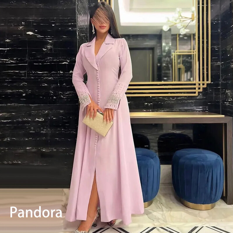 Pandora Roze Elegante Arabische Dames Formele Avondjurk V-Hals Lange Mouw Enkellange Knoop A-Lijn Split Trouwjurk