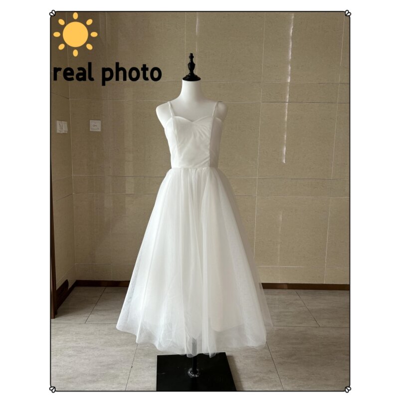 Gaun pengantin pendek manis gaun pengantin sederhana tali Spaghetti gaun pernikahan Korea Tulle gaun pernikahan klasik untuk wanita