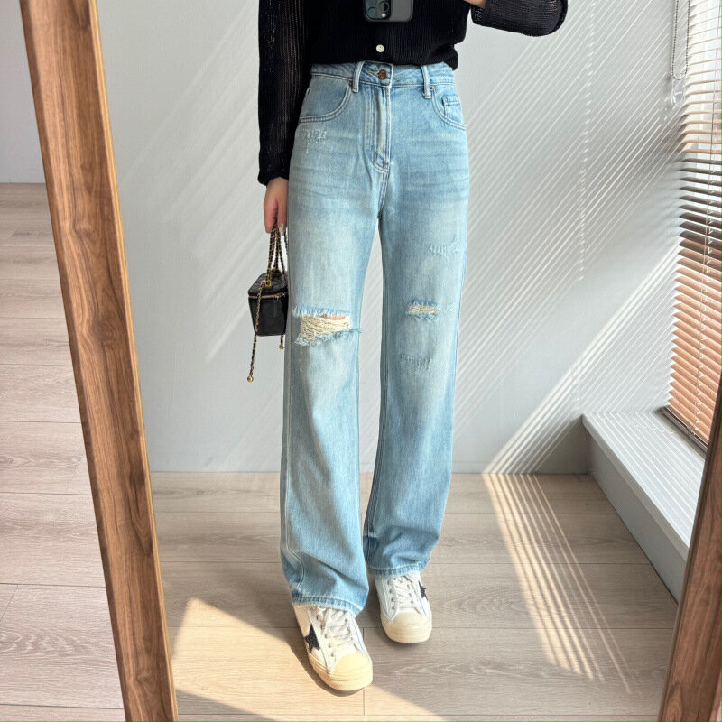 Светильник цветные перфорированные прямые джинсы для женщин с модным дизайном, Популярные американские прямые брюки