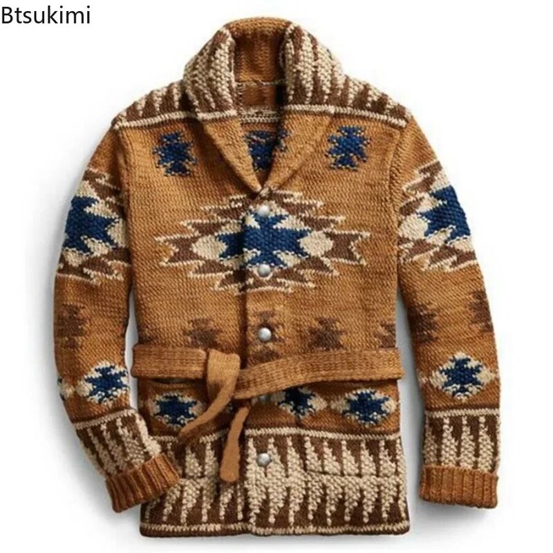 Винтажный теплый кардиган для мужчин, осенне-зимний Свитер оверсайз, вязаный свитер на шнуровке, пуловер, свободная уличная одежда, мужские топы, 2024