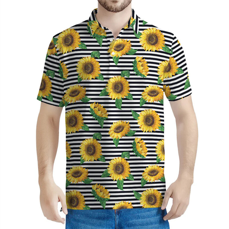 Kaos Polo grafis bunga matahari pria, T-shirt berkancing cetak 3D lengan pendek musim panas