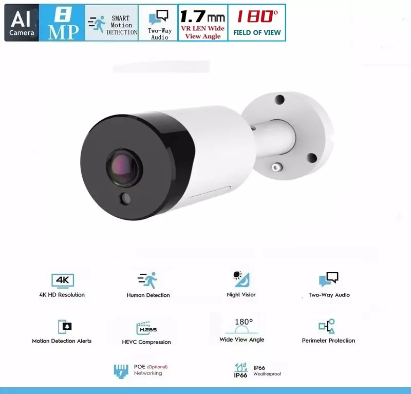 Cámara de seguridad impermeable con audio bidireccional, dispositivo 4K VR panorámico, 180 grados, Poe, 8MP, 5MP, 4MP, 3MP, IP66