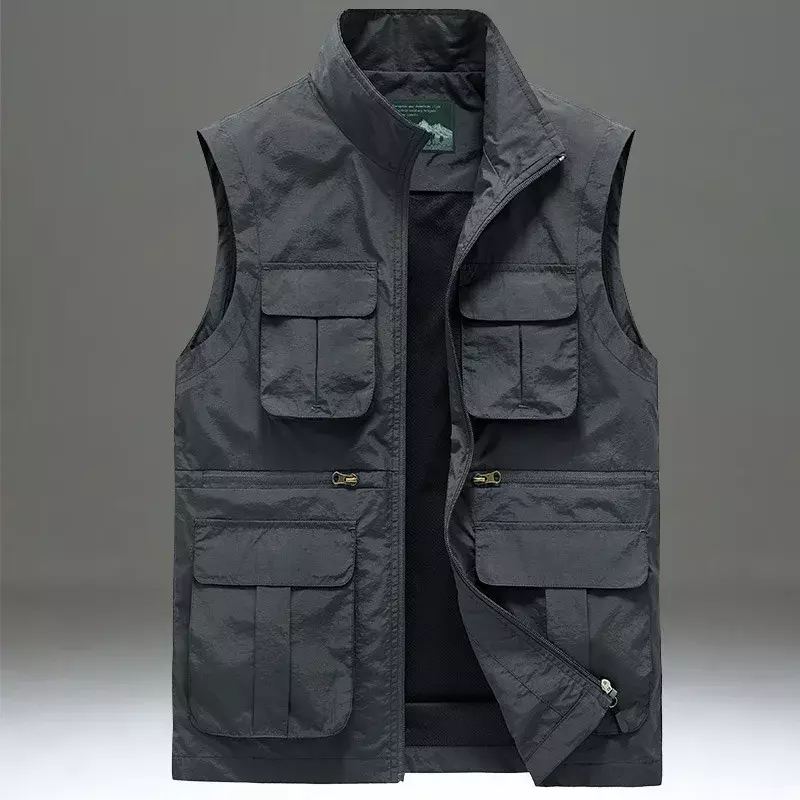 Colete masculino multi bolso, jaqueta impermeável sem mangas, tamanho grande com zíper motociclista, roupa de luxo corta-vento de verão