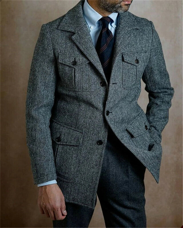 Zimowa jesienna garnitury ślubne dla mężczyzn odzież dla pana młodego w jodełkę z kieszenią Slim Fit smokingi wieczorowa kurtka