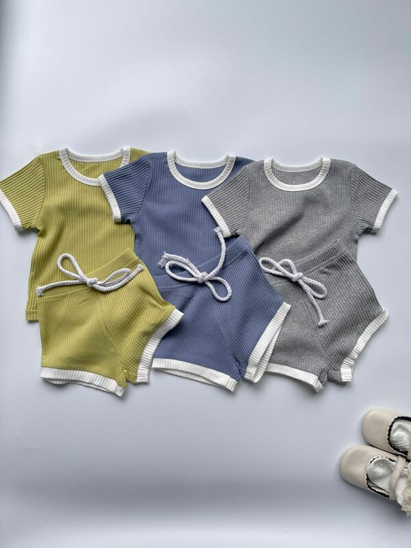 2024 Summer New Baby Short Sleeve Cotton Clothes Set Infant Boy Girl Solid Ribbed T Shirts + Shorts 2pcs Suit Toddler Outfits