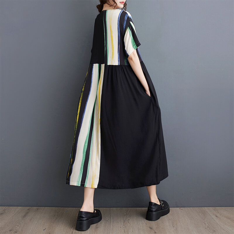 Japanese Korea Style Patchwork Print Striped Short Sleeve Loose Summer Black Dress Fashion Women Casual Dress Lady Work Dress
