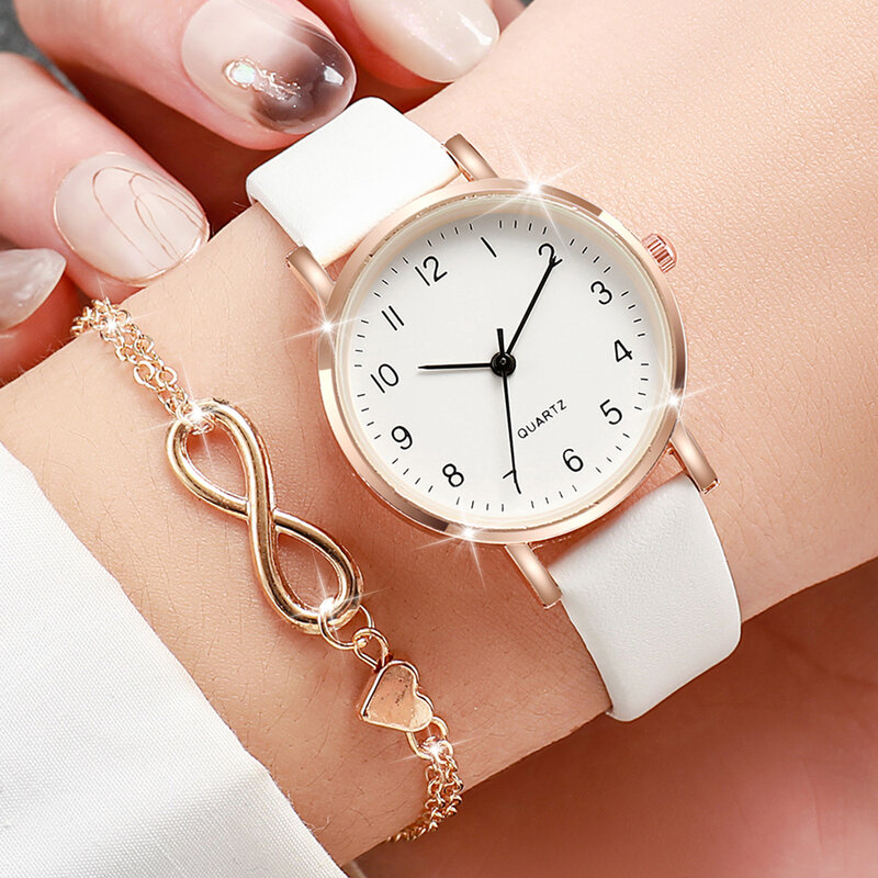 Jam tangan kuarsa wanita, 2 pcs/set tali kulit putih sederhana dengan gelang hati cinta