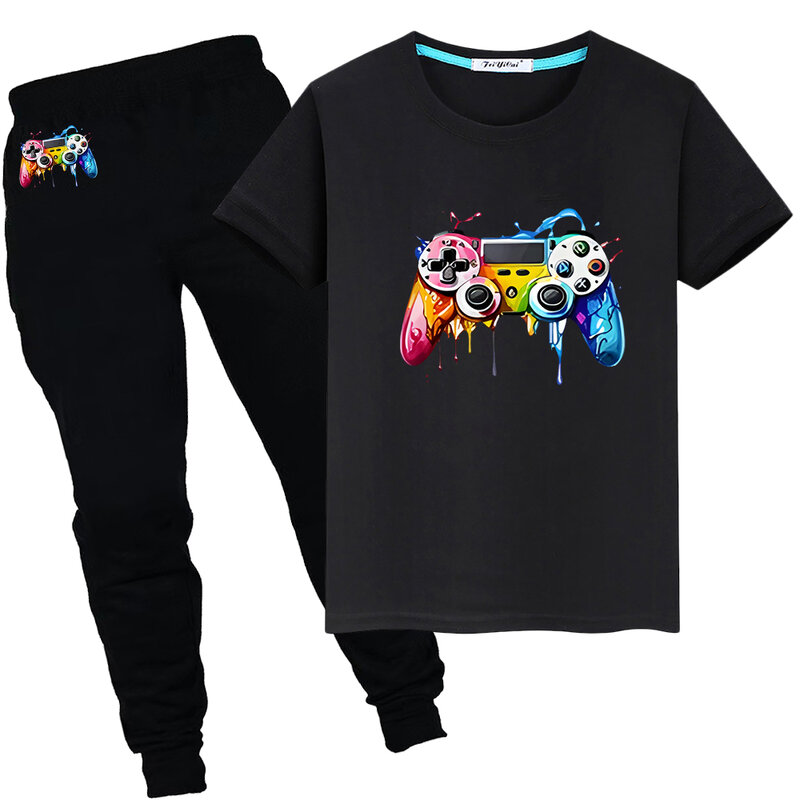 gamepad Print Summer Sports Sets 100%Cotton T-shirts Kawaii Short  Cute TShirts y2k Tops+pant child Day gift Boys girls clothes